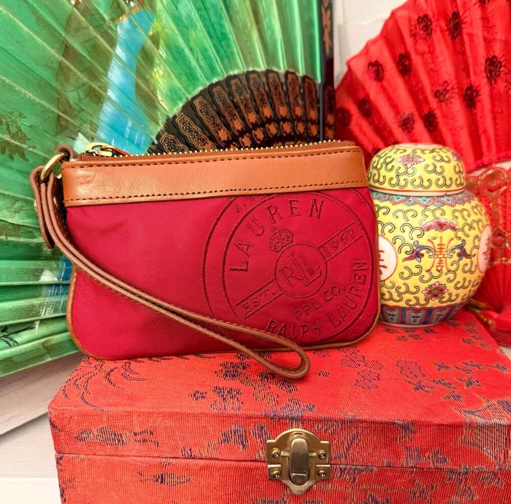Lauren Ralph Lauren RLL Wristlet Nylon Red Brown Leather Trim Zipper Goldplated